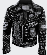 Men's Silver Studded Black Leather Punk Steampunk Hippie Rocket Patch Jacket